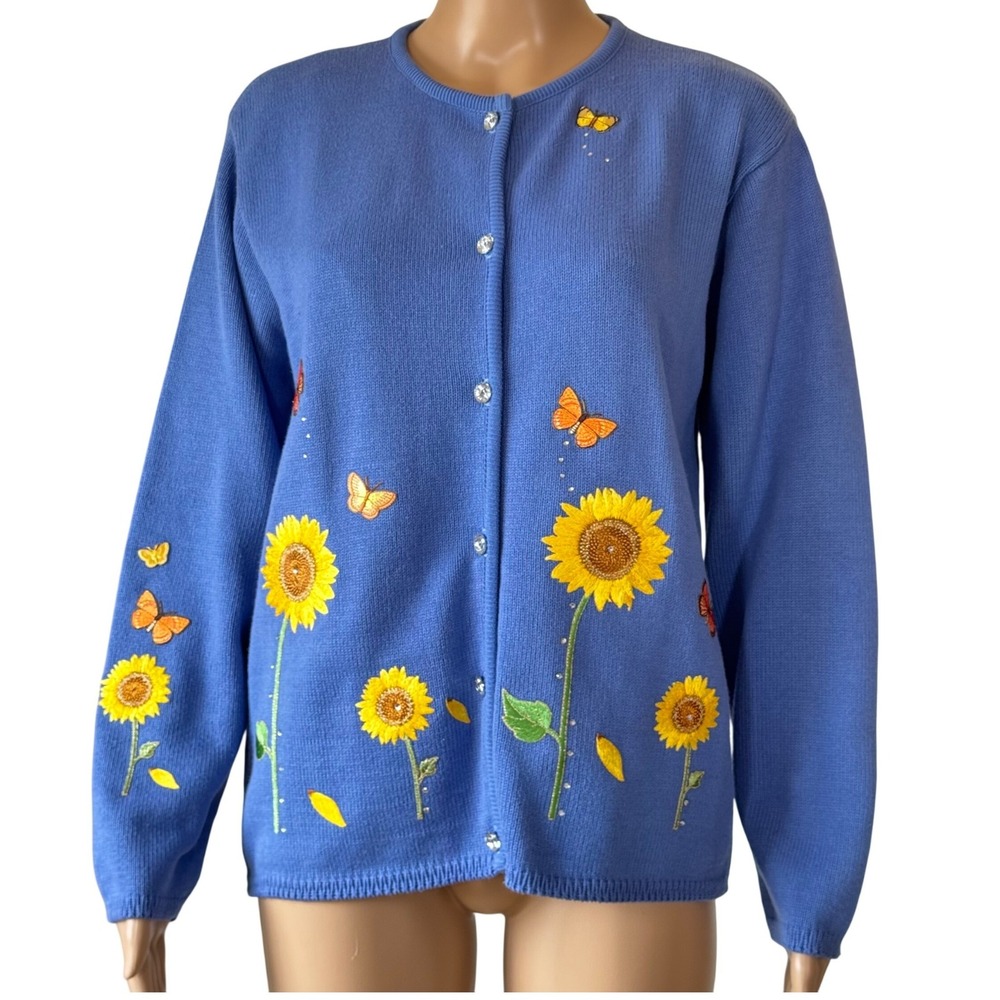 Tia Designs Blue Sunflower Butterfly Embroidered Cardigan Sweater Rhinestone M